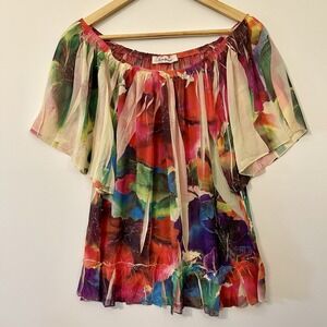 Sushiflower‎ Maximalist Sheer Colorful Top Ruffles Batik Watercolor Boho Size L